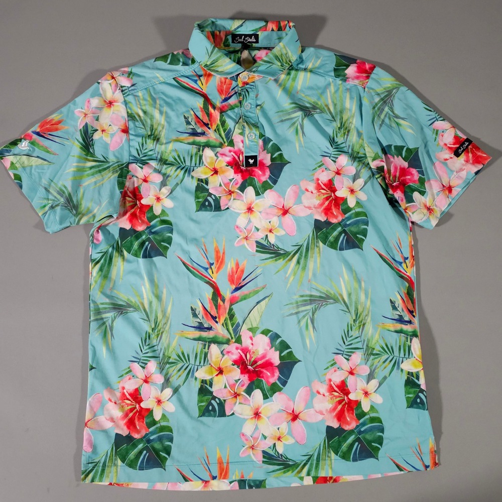 Bad Birdie Golf Polo Mens Large Blue Tropical Floral Hibiscus Stretch S/S